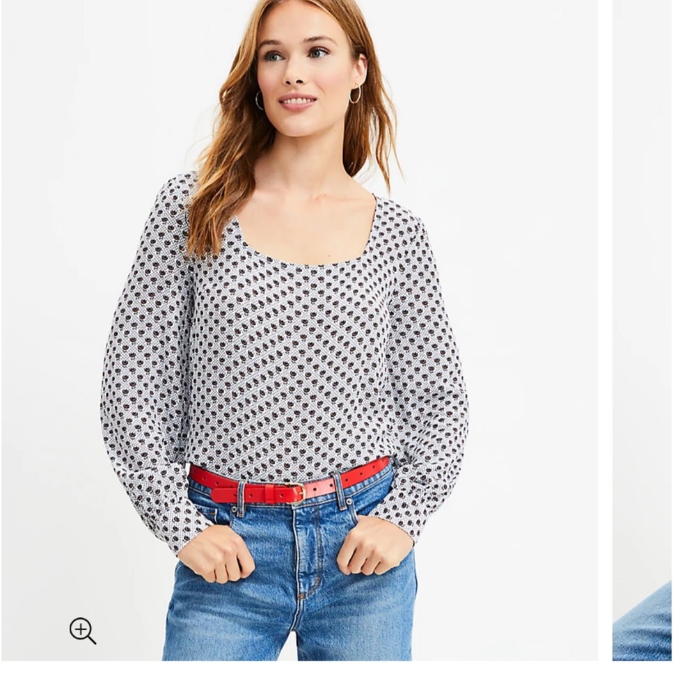 LOFT White and Black Printed Scoop Neck Blouse